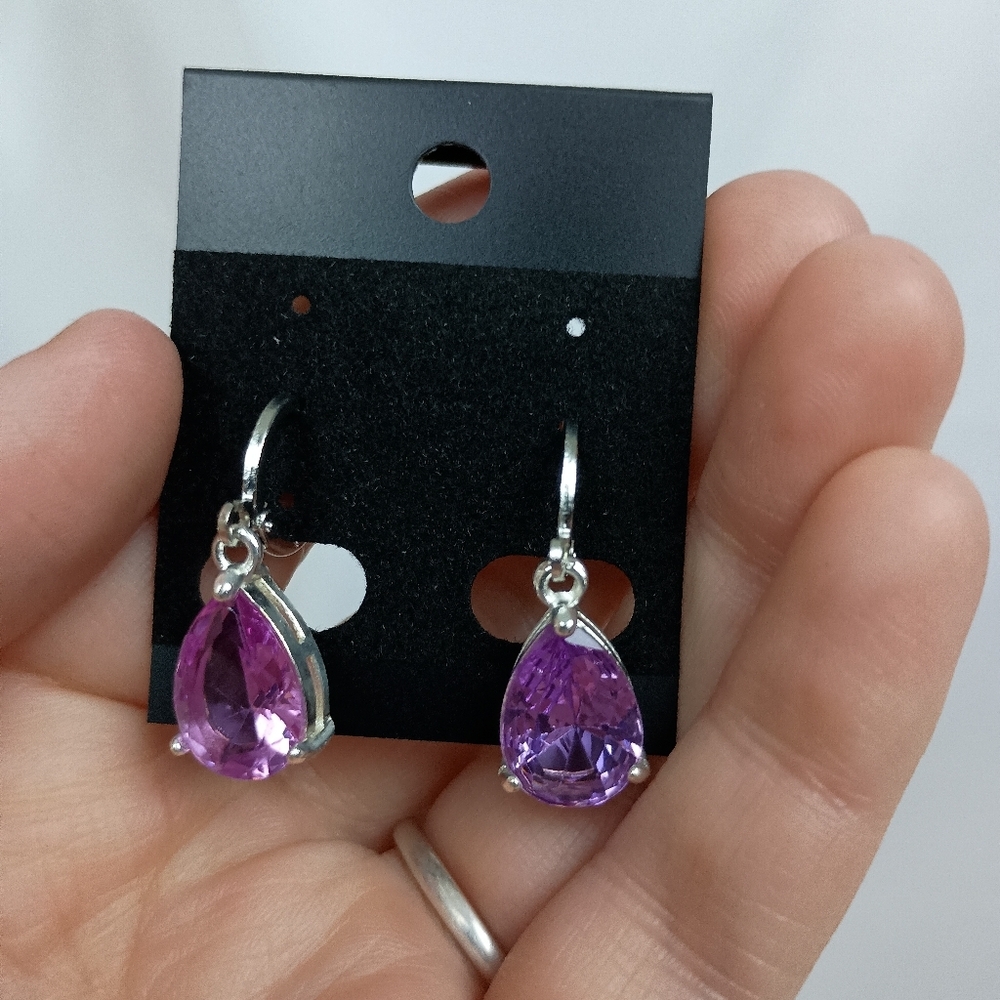 NEW Elegant christmas holiday Silver‎ Purple Teardrop Dangling Earrings-(#0271)